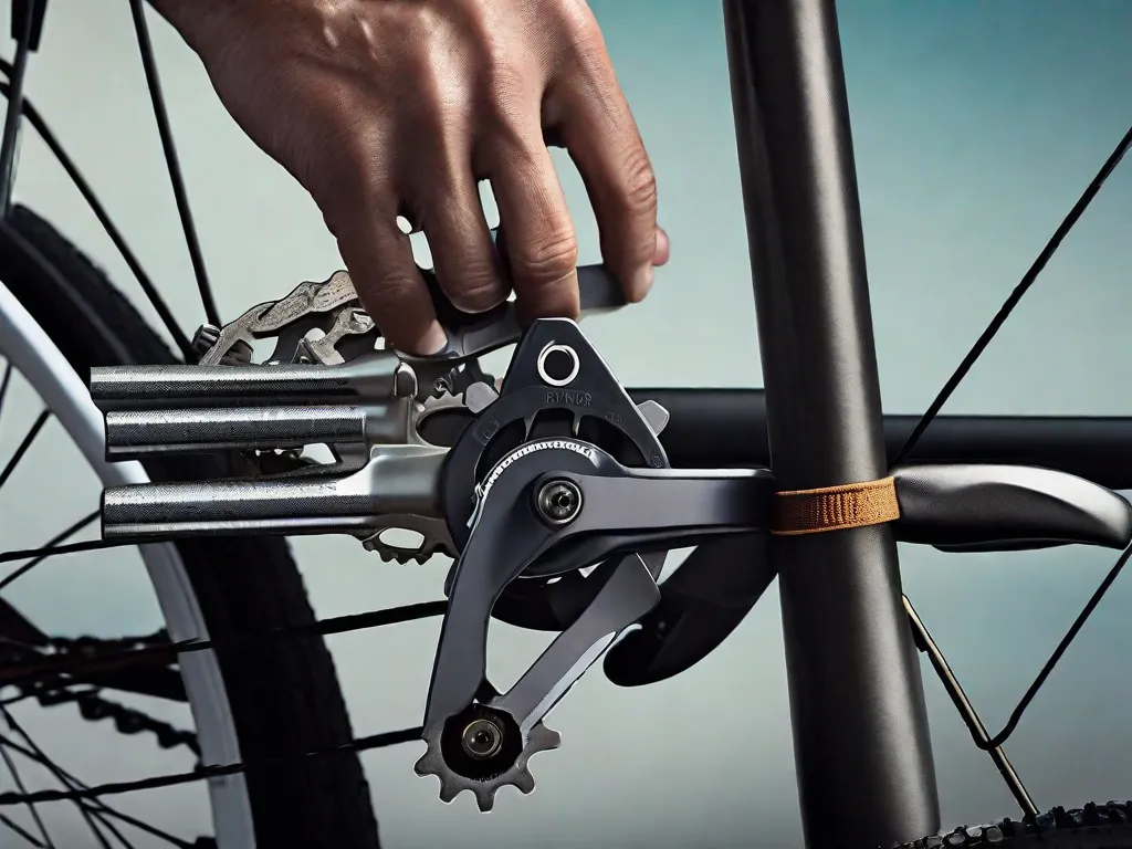 Uma imagem em close das mãos de um ciclista usando luvas de couro, segurando um conjunto de ferramentas para bicicleta - chaves allen, chave inglesa e um kit de remendo, com a corrente aberta de uma bicicleta e o cassete de marchas ao fundo, simbolizando reparos e protocolos de manutenção durante o passeio.
