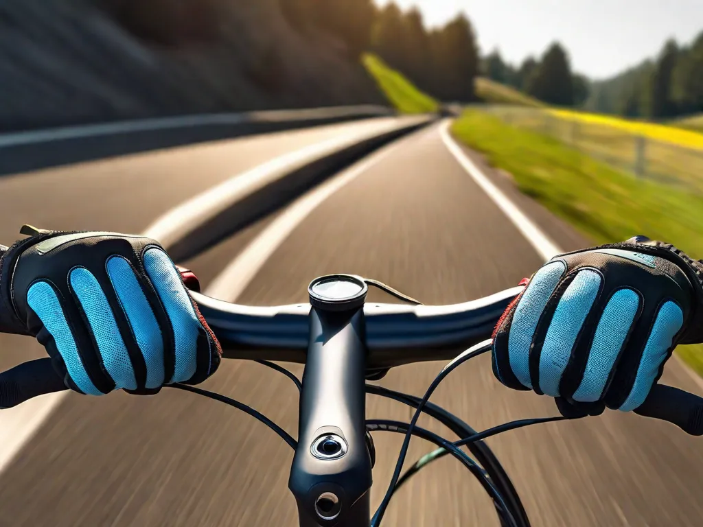 Uma imagem em close-up das mãos de um ciclista segurando o guidão, vestidas com luvas de ciclismo acolchoadas para conforto e aderência, com um par de óculos de sol envolventes com lentes refletivas repousando no caule da bicicleta, destacando o design ergonômico e a função protetora desses acessórios essenciais para o ciclismo.