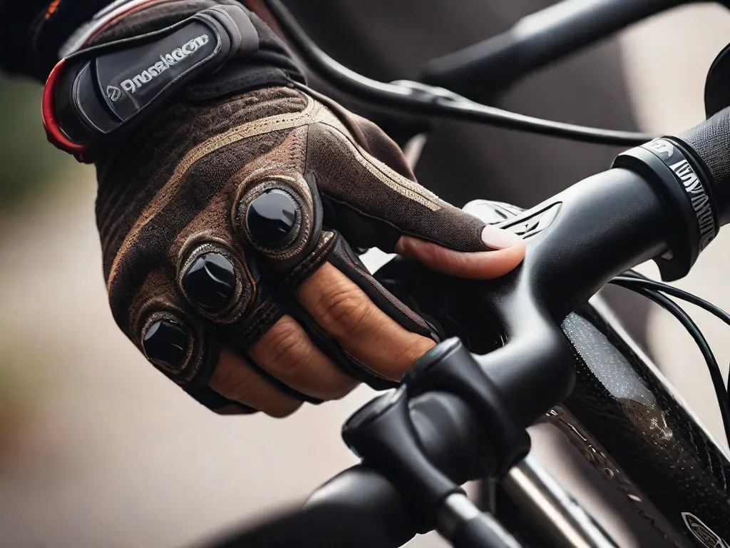 Uma imagem em close das mãos enluvadas de um ciclista segurando habilmente o guidão, com foco na intrincada posição dos dedos enquanto eles ajustam as marchas. O fundo desfocado sugere alta velocidade e a intensidade de um passeio desafiador.
