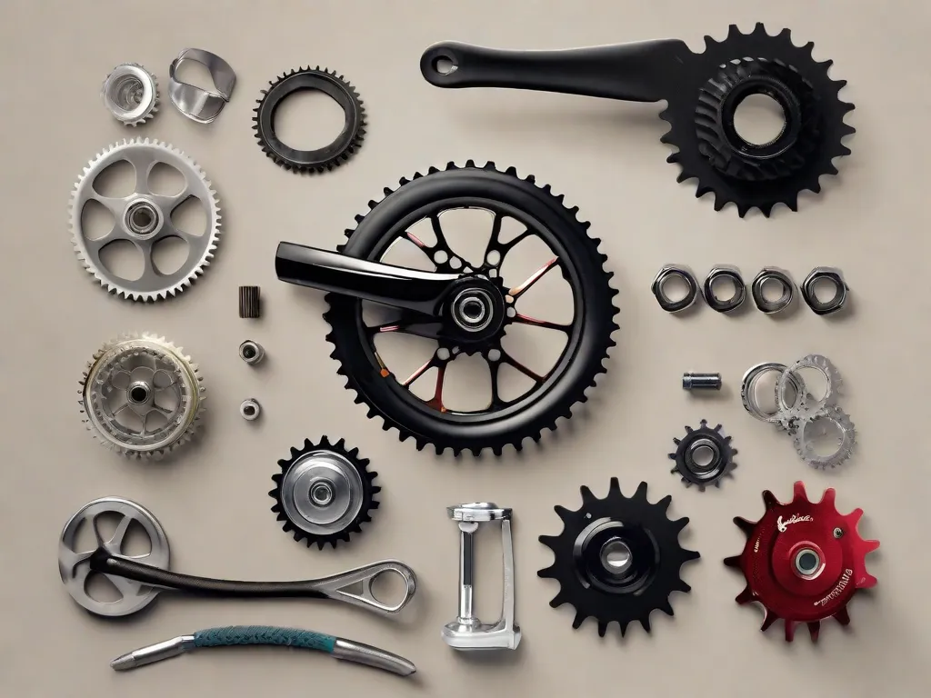 Uma imagem em close-up das mãos de uma pessoa segurando uma variedade de peças de bicicleta, como engrenagens, pedais e guidões, mostrando o processo de compra dos componentes necessários para consertar ou melhorar uma bicicleta. A imagem captura a emoção e a expectativa de montar a bicicleta perfeita.
