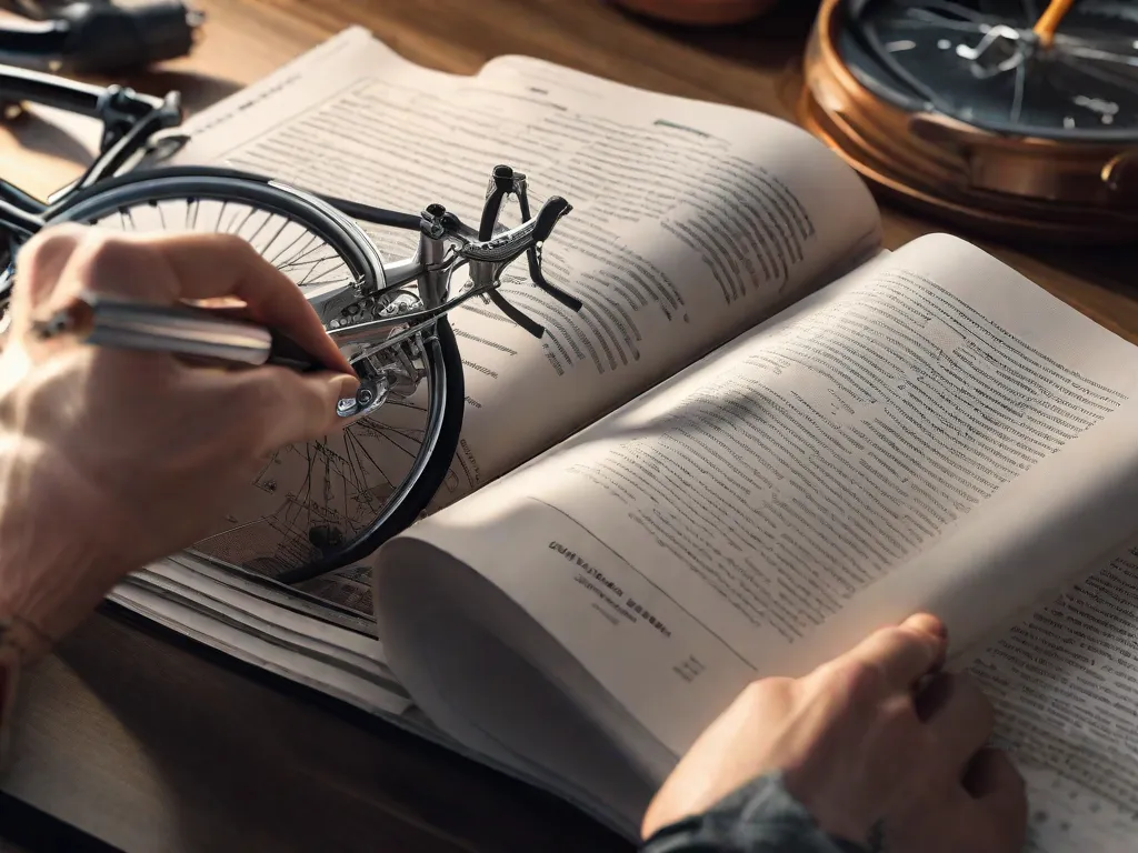 Uma imagem em close das mãos de uma pessoa folheando as páginas de um manual de bicicleta, com foco nos diagramas detalhados e nas instruções. A imagem captura a essência de buscar conhecimento e orientação para aprimorar a experiência de pedalar.