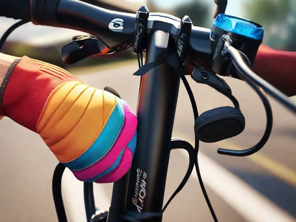 Descrição: Uma imagem em close-up de um par de mãos segurando o guidão de uma bicicleta, com um pé no chão e o outro pé levemente levantado do chão, pronto para dar a primeira pedalada. O fundo mostra um parque ensolarado com árvores verdes exuberantes e um céu azul claro, simbolizando a emoção e a liberdade de aprender a andar de bic