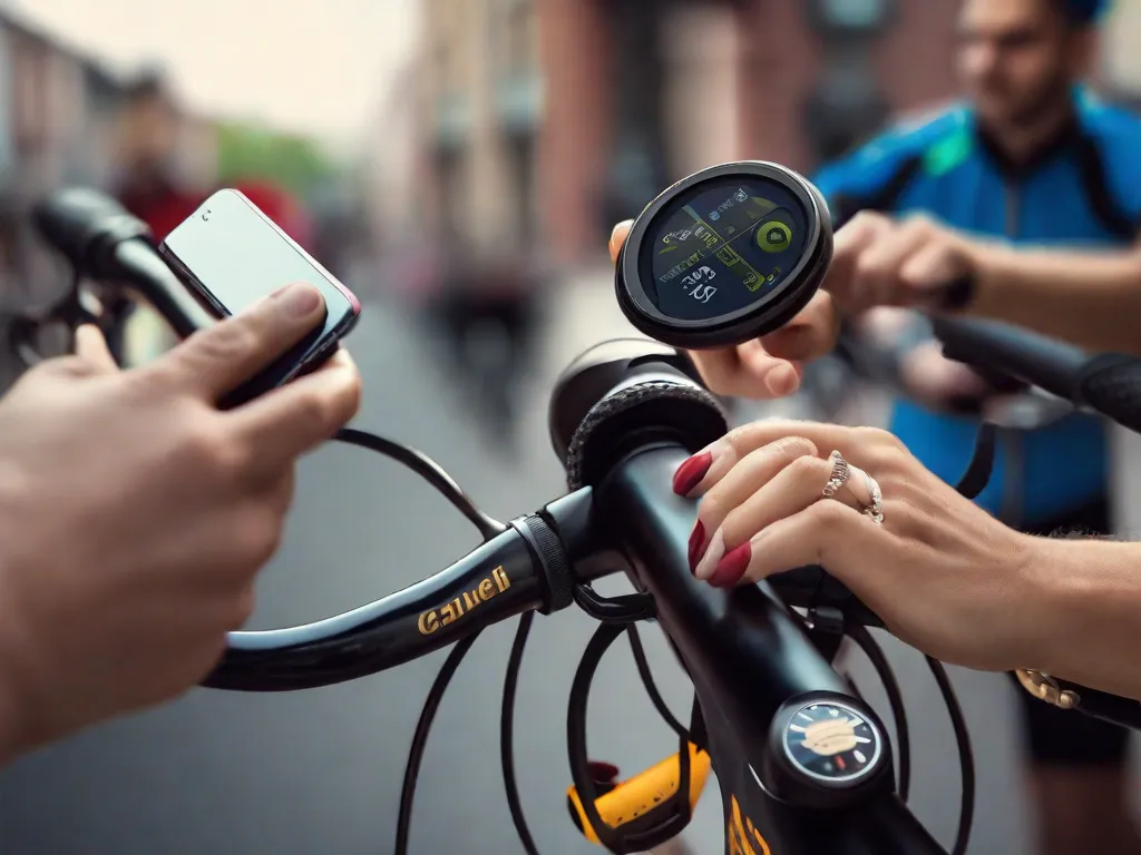 Descrição da imagem: Um close-up das mãos de uma pessoa segurando o guidão de uma bicicleta, mostrando diferentes tipos de guidões. A pessoa está usando luvas de ciclismo e há vários acessórios presos ao guidão, como um sino, luzes e um suporte para celular. O fundo mostra uma imagem borrada de uma loja de bicicletas com fileiras de bicicletas em exposição.