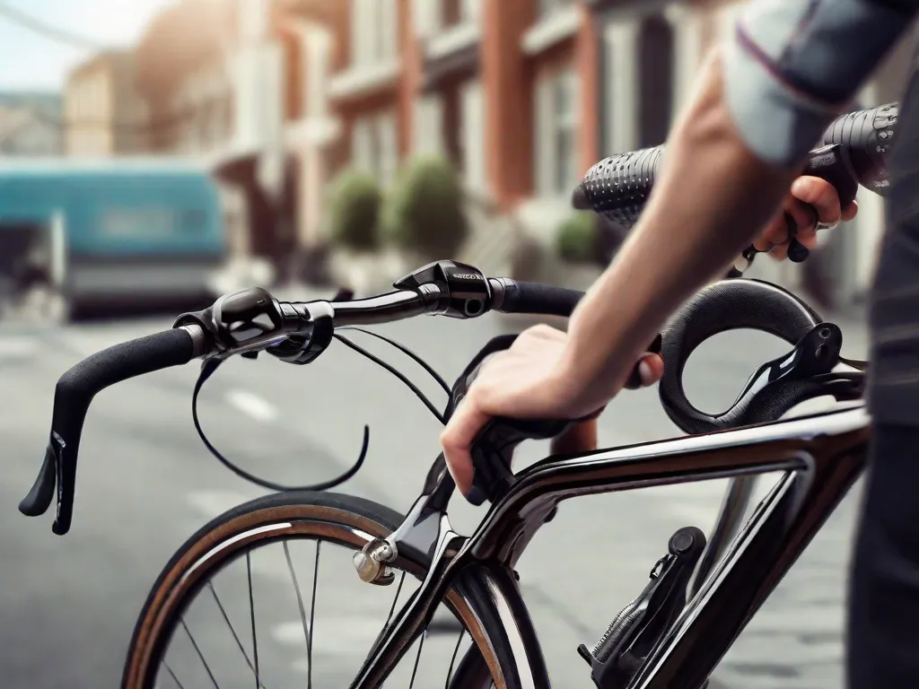 Descrição: Uma imagem em close-up da mão de uma pessoa segurando o guidão de uma bicicleta, mostrando uma variedade de diferentes tipos de bicicletas ao fundo. Cada bicicleta representa um estilo diferente, como bicicletas de estrada, bicicletas de montanha e bicicletas urbanas, ilustrando as diversas opções disponíveis para escolher a bicicleta certa de acordo com as