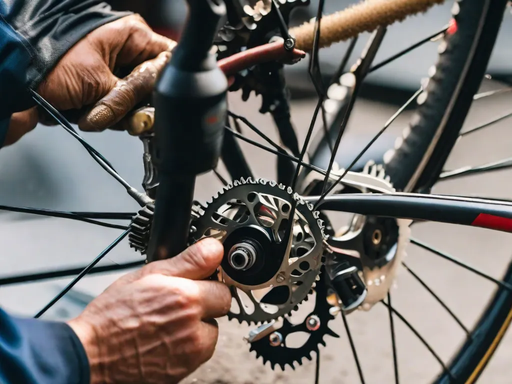 Descrição da imagem: Um close-up das mãos de um mecânico de bicicletas, habilmente ajustando as marchas de uma bicicleta. As mãos estão cobertas de graxa e sujeira, mostrando o trabalho árduo e habilidade necessários para ajustar a bicicleta para um passeio suave. Ferramentas e peças sobressalentes estão espalhadas na bancada de trabalho ao fundo