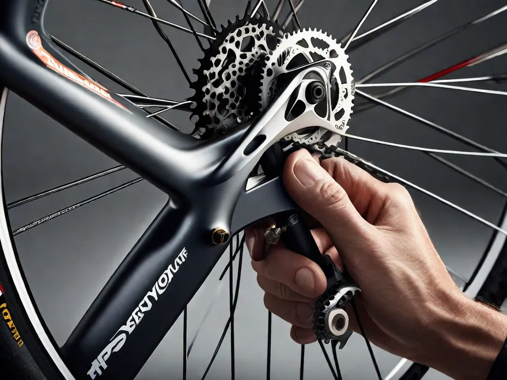 Descrição da imagem: Um close-up das mãos de um mecânico de bicicletas, habilmente ajustando as marchas de uma bicicleta. As ferramentas e peças espalhadas indicam uma oficina bem equipada. A imagem captura a importância de manter uma bicicleta bem ajustada para um passeio suave e agradável.
