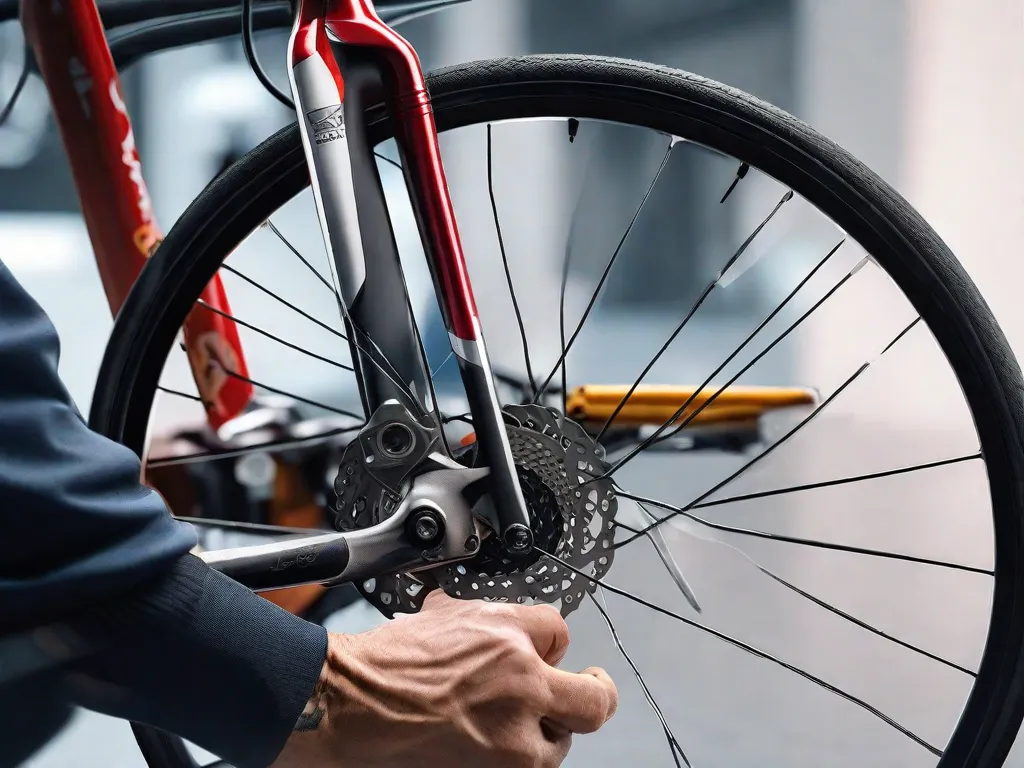 Imagem em close-up da mão de um mecânico ajustando delicadamente o espaçamento entre as pastilhas de freio em uma bicicleta. O movimento focado e preciso destaca a importância da manutenção adequada dos freios para uma segurança e desempenho ideais.
