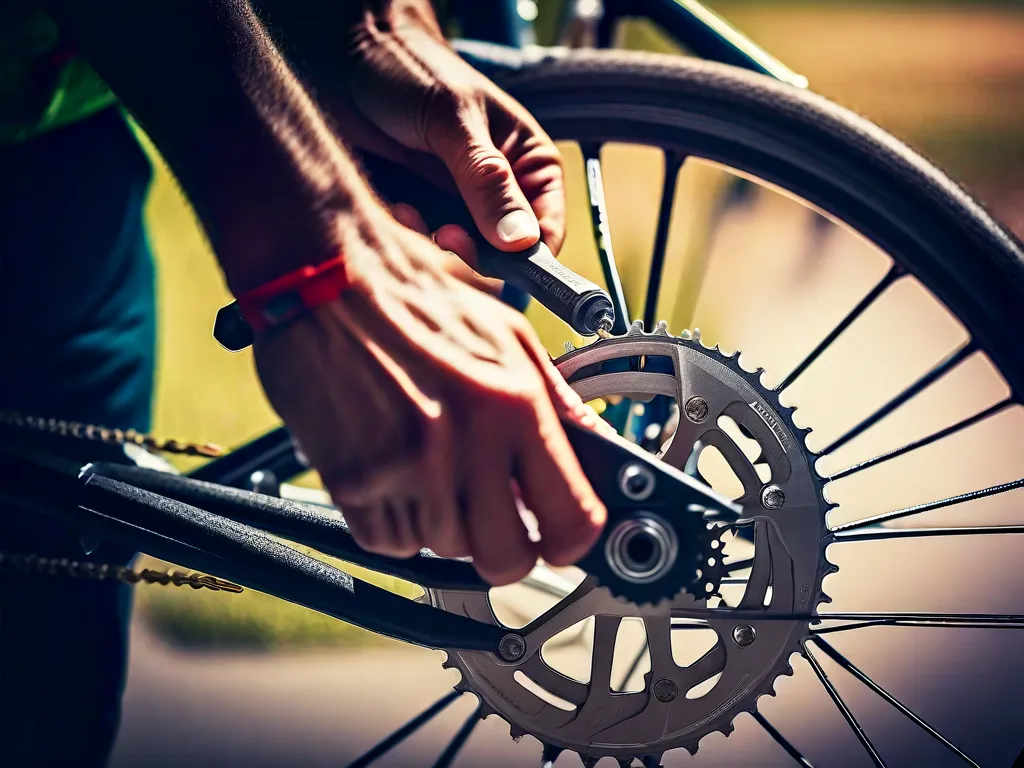 Descrição da imagem: Um close-up da mão de um mecânico de bicicletas segurando uma chave inglesa, apertando um parafuso no quadro de uma bicicleta. A ferramenta está alinhada perfeitamente com o parafuso, mostrando a importância da manutenção regular para garantir o desempenho e a segurança ideais da bicicleta.