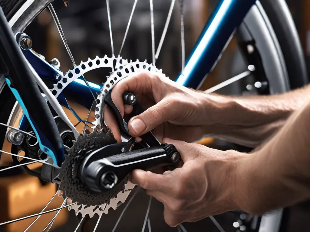 Descrição: Uma imagem em close das mãos de um mecânico de bicicletas segurando uma chave de boca, enquanto eles apertam cuidadosamente os parafusos do guidão da bicicleta. O foco está nas mãos, destacando a importância de revisões regulares e manutenção para garantir uma pedalada segura e suave.