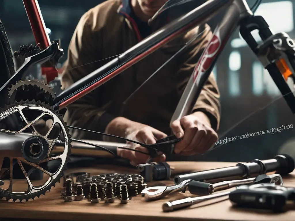 Uma imagem em close das mãos de um mecânico de bicicletas ajustando as marchas de uma bike, com um conjunto de ferramentas profissionais espalhadas em uma bancada ao fundo. A bicicleta está montada em um suporte, com as rodas removidas, indicando uma verificação de manutenção completa.