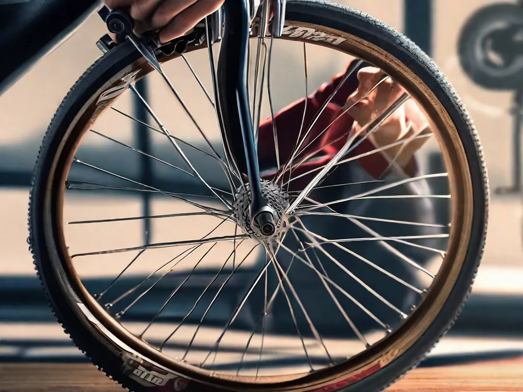 Uma imagem em close-up das mãos de um mecânico de bicicletas ajustando os raios de uma roda de bicicleta, com ferramentas organizadas de forma ordenada ao fundo, destacando a importância de manter a integridade estrutural de uma bicicleta para uma pilotagem segura.