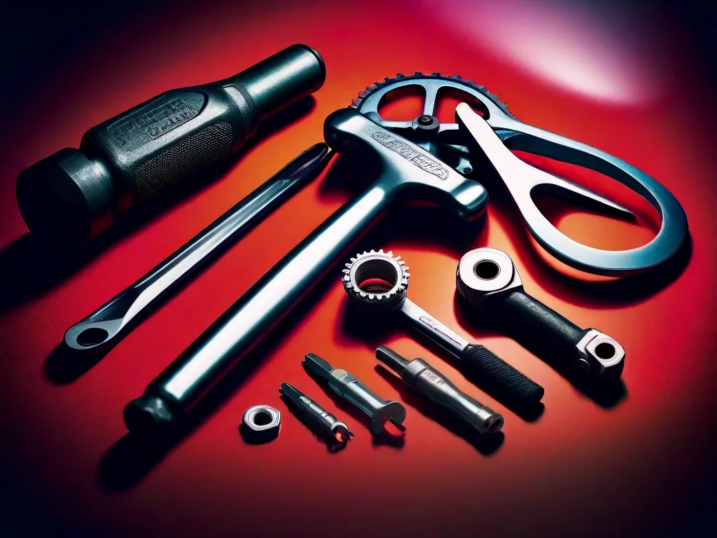 Uma imagem em close-up da mão de um mecânico de bicicletas segurando um conjunto de ferramentas, incluindo uma chave inglesa ajustável, uma chave de torque e um kit de sangria. Essas ferramentas são essenciais para ajustar e manter os freios a disco, garantindo um desempenho e segurança ideais na bicicleta.