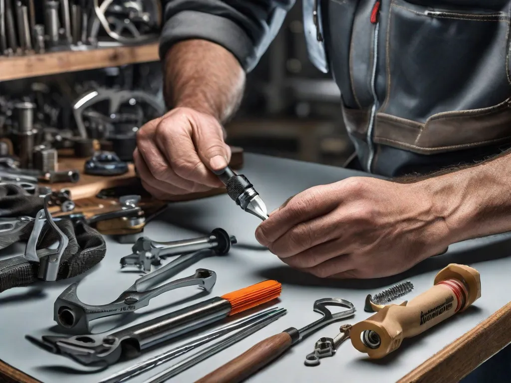 Uma imagem em close das mãos de um mecânico de bicicletas, habilmente organizando ferramentas e peças em uma bancada limpa. As ferramentas estão arrumadas de forma organizada, criando uma atmosfera de antecipação e prontidão para o processo de montagem da bicicleta. A imagem destaca a preparação meticulosa necessária antes de iniciar qualquer projeto de bicicleta.