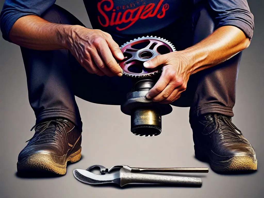 Descrição da imagem: Um close das mãos de um mecânico de bicicletas, cobertas de graxa e segurando um conjunto de ferramentas. As mãos estão habilmente trabalhando nas engrenagens de uma bicicleta, demonstrando a expertise e o conhecimento especializado necessários para manter e reparar bicicletas.