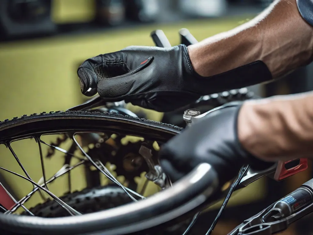 Uma imagem em close das mãos de um mecânico de bicicletas, cobertas de graxa e segurando uma chave inglesa, enquanto apertam o último parafuso em uma bicicleta recém-montada. O fundo mostra uma bancada de trabalho com várias peças e ferramentas de bicicleta, criando uma sensação de expectativa e empolgação para o próximo passeio de teste.