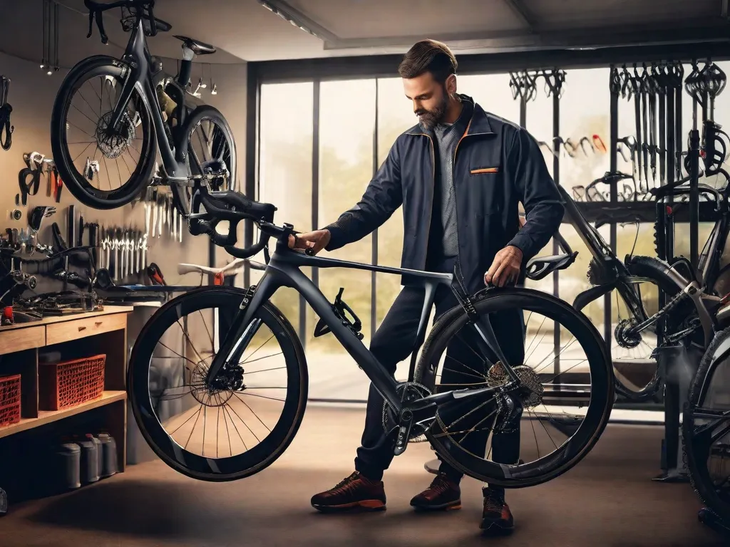 Um mecânico de bicicletas profissional ajustando as marchas de uma bicicleta de estrada de alta qualidade em uma oficina bem equipada, com ferramentas organizadas de forma ordenada na parede e um suporte de bicicleta mantendo a bicicleta em uma altura confortável para o trabalho.