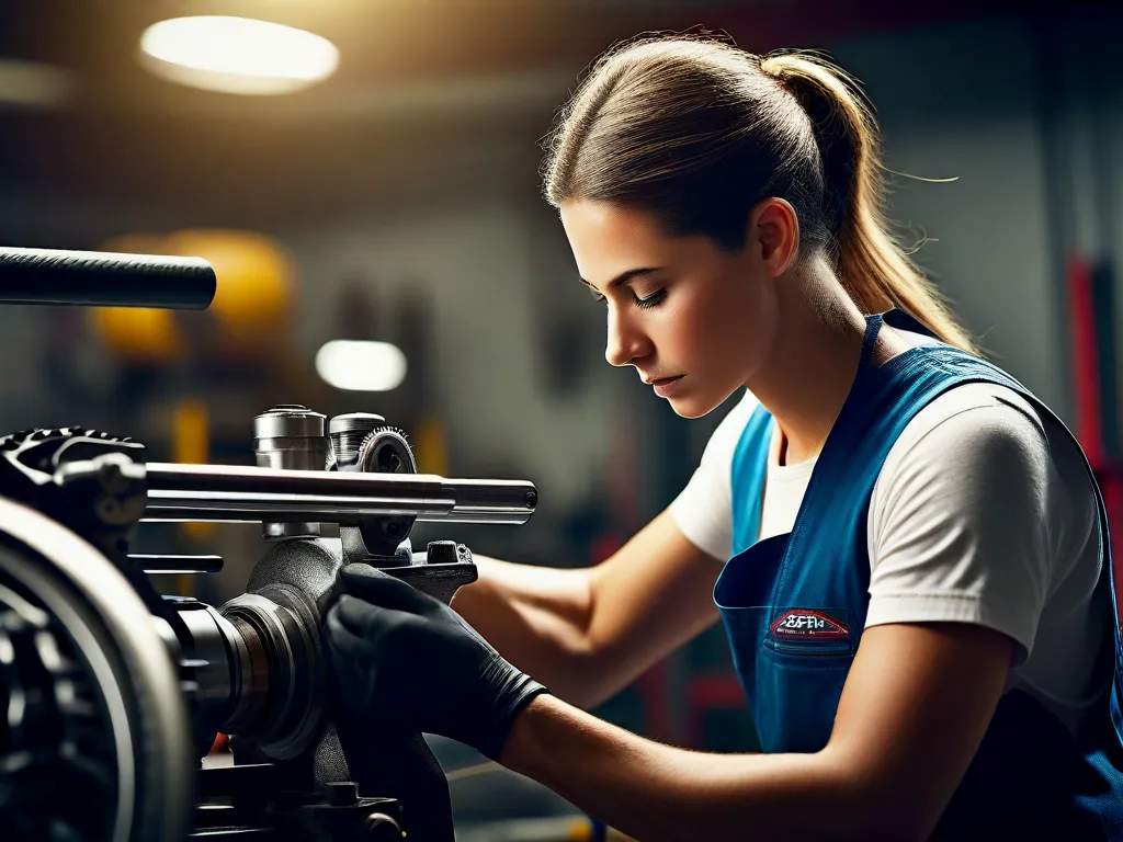 Nesta imagem, um habilidoso mecânico está usando um torno mecânico para trabalhar em um componente de bicicleta. A expressão concentrada em seu rosto e a precisão de seus movimentos destacam a habilidade e atenção aos detalhes necessários na manutenção e reparo de bicicletas.