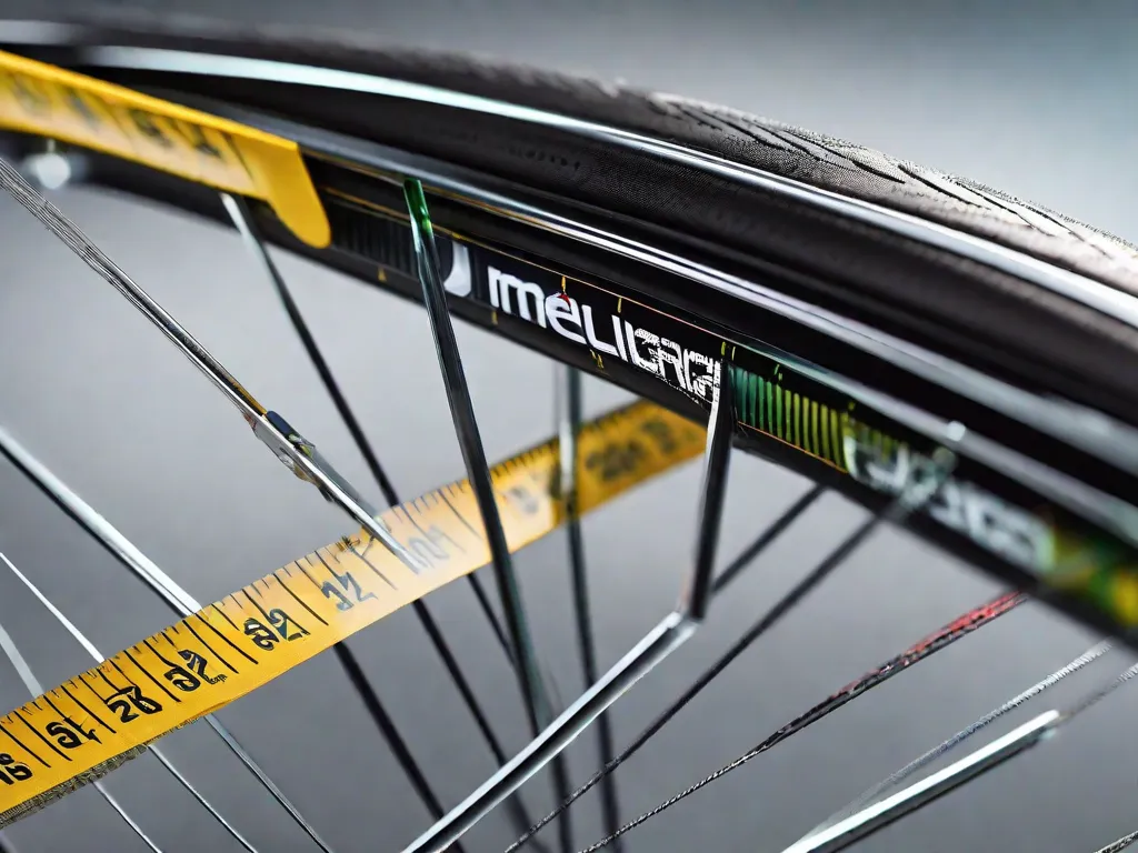 Imagem em close-up de uma fita métrica enrolada ao redor da circunferência de uma roda de bicicleta, mostrando o processo de medição do diâmetro da borda da bicicleta. As marcações da fita indicam a medida precisa, destacando a importância de medidas precisas para um desempenho e manutenção ideais da bicicleta.