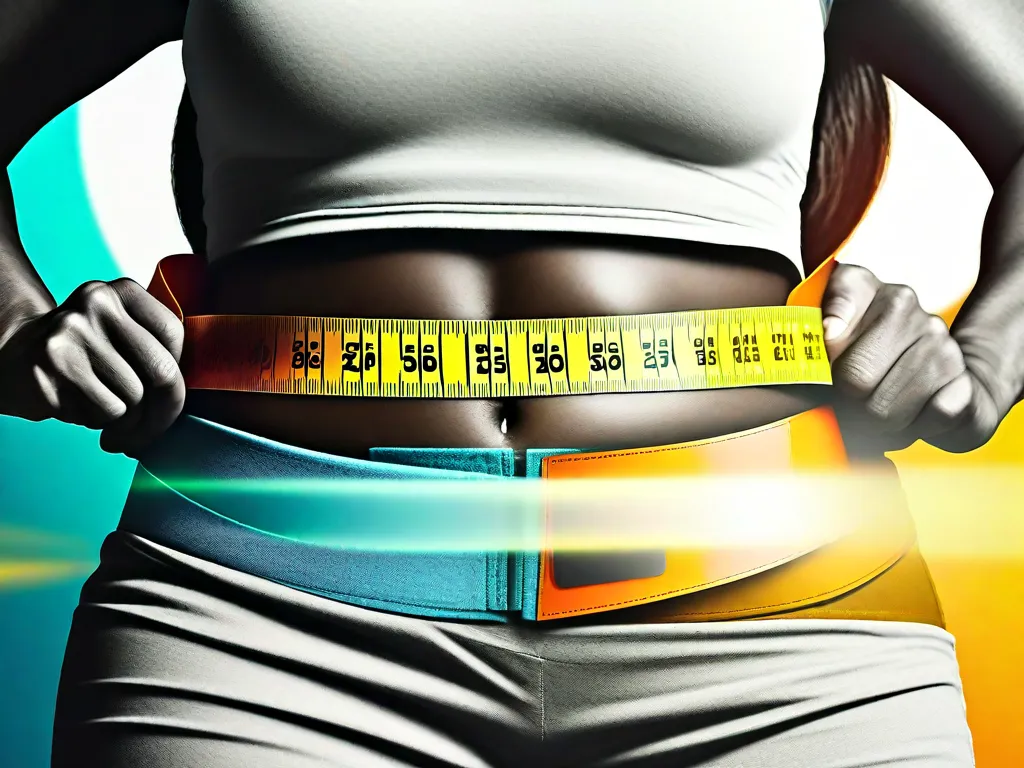Descrição da imagem: Um close-up da área abdominal de uma pessoa com uma fita métrica enrolada em volta da cintura. A fita está puxada firmemente, destacando a determinação e o esforço necessários para perder a gordura abdominal. A imagem simboliza a importância da intensidade na jornada rumo a uma barriga lisa.