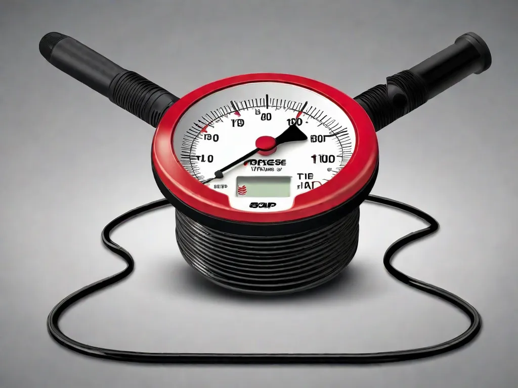 Uma imagem em close de um medidor de pressão de pneus de bicicleta e uma pequena bomba de ar portátil. O medidor mostra a leitura da pressão enquanto a bomba está pronta para ser usada para inflar ou desinflar os pneus. Essas ferramentas essenciais garantem a calibração adequada dos pneus para um passeio suave e seguro.
