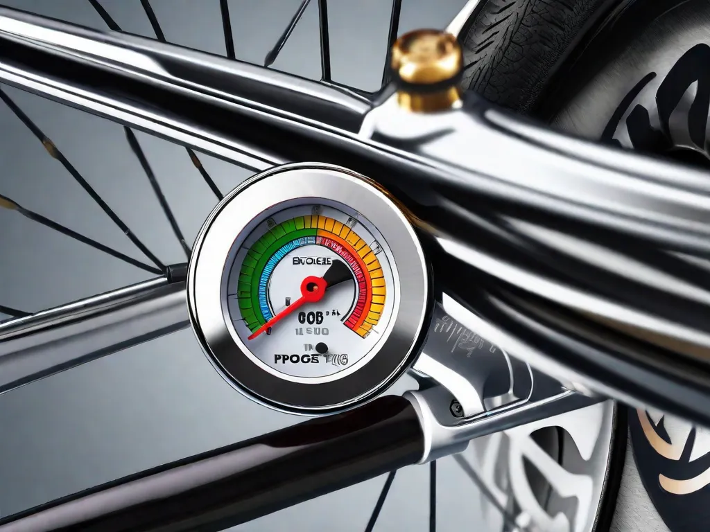 Uma imagem em close-up de um medidor de pressão de pneu de bicicleta medindo a pressão de um pneu de bicicleta. O medidor mostra a faixa de pressão ideal, destacando a importância de manter os pneus corretamente inflados para um passeio mais suave, melhor tração e redução do risco de furos.