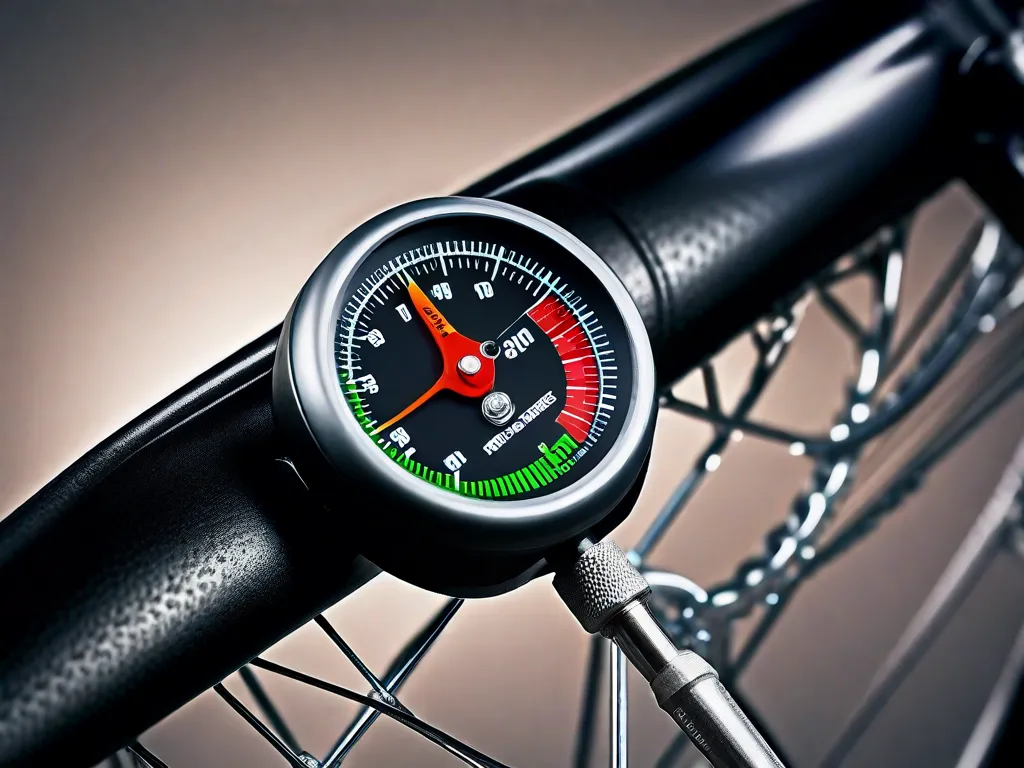 Uma imagem em close-up de um medidor de pressão de pneu de bicicleta medindo a pressão de um pneu de bicicleta. O medidor mostra a pressão ideal do pneu para um desempenho ótimo, garantindo um passeio suave e confortável. A imagem destaca a importância da inflação adequada dos pneus para a manutenção e segurança da bicicleta.