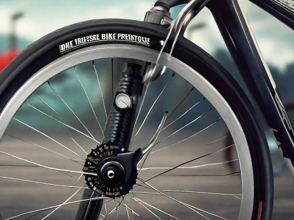 Descrição da imagem: Um close-up de um pneu de bicicleta sendo inflado com um medidor de pressão acoplado a ele. A mão do ciclista segura a bomba, mostrando o processo de calibrar o pneu para a pressão recomendada. O cenário ao fundo mostra uma trilha cênica para ciclismo, enfatizando a importância da calibragem adequada do pneu para um passeio