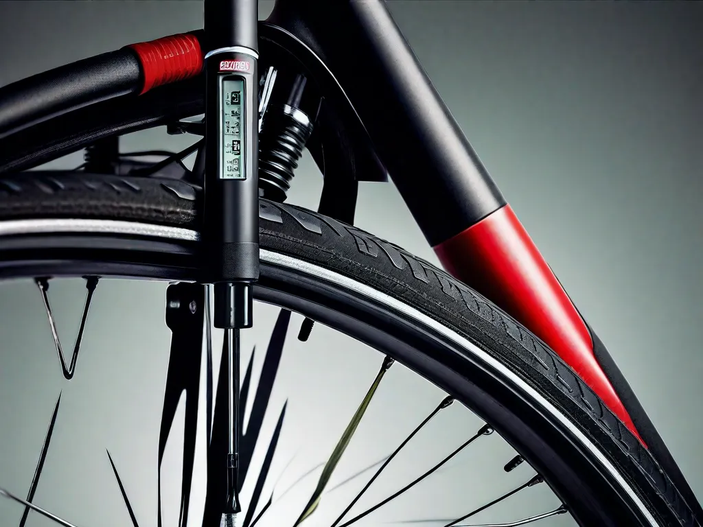 Descrição da imagem: Um close-up de um medidor de pressão de pneu de bicicleta medindo a pressão do ar em um pneu de bicicleta. O medidor exibe a faixa de pressão ideal para os pneus, com marcações claras indicando o PSI (libras por polegada quadrada) recomendado para desempenho e segurança ideais.