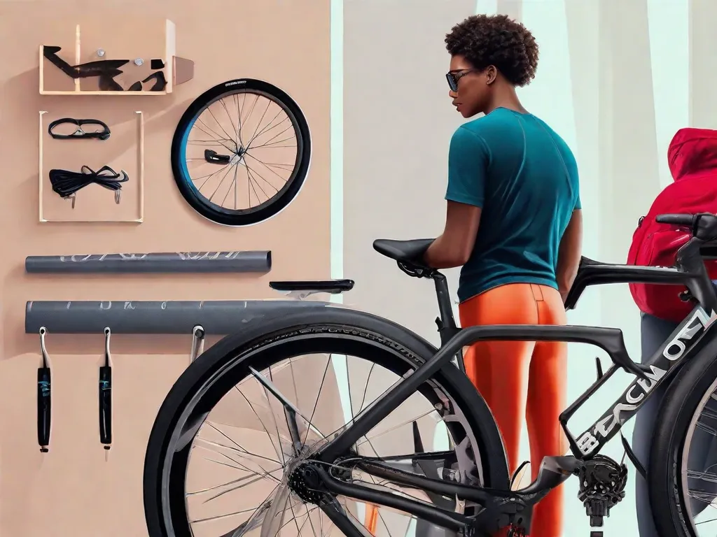 Uma imagem em close-up de uma pessoa em pé ao lado de uma fileira de bicicletas, medindo cuidadosamente sua altura em relação ao quadro de cada bicicleta. A pessoa está vestindo roupas de ciclismo e tem uma expressão determinada, mostrando a importância de escolher o tamanho certo de bicicleta para uma experiência de pedalada confortável e eficiente.