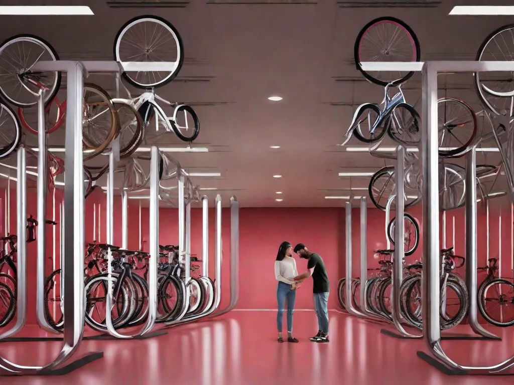 Uma foto de uma pessoa em pé ao lado de uma fileira de bicicletas, medindo cuidadosamente a altura de cada quadro de bicicleta para encontrar o ajuste perfeito. A pessoa é vista comparando sua própria altura com o tamanho das bicicletas, garantindo que escolham a bicicleta ideal para sua altura.