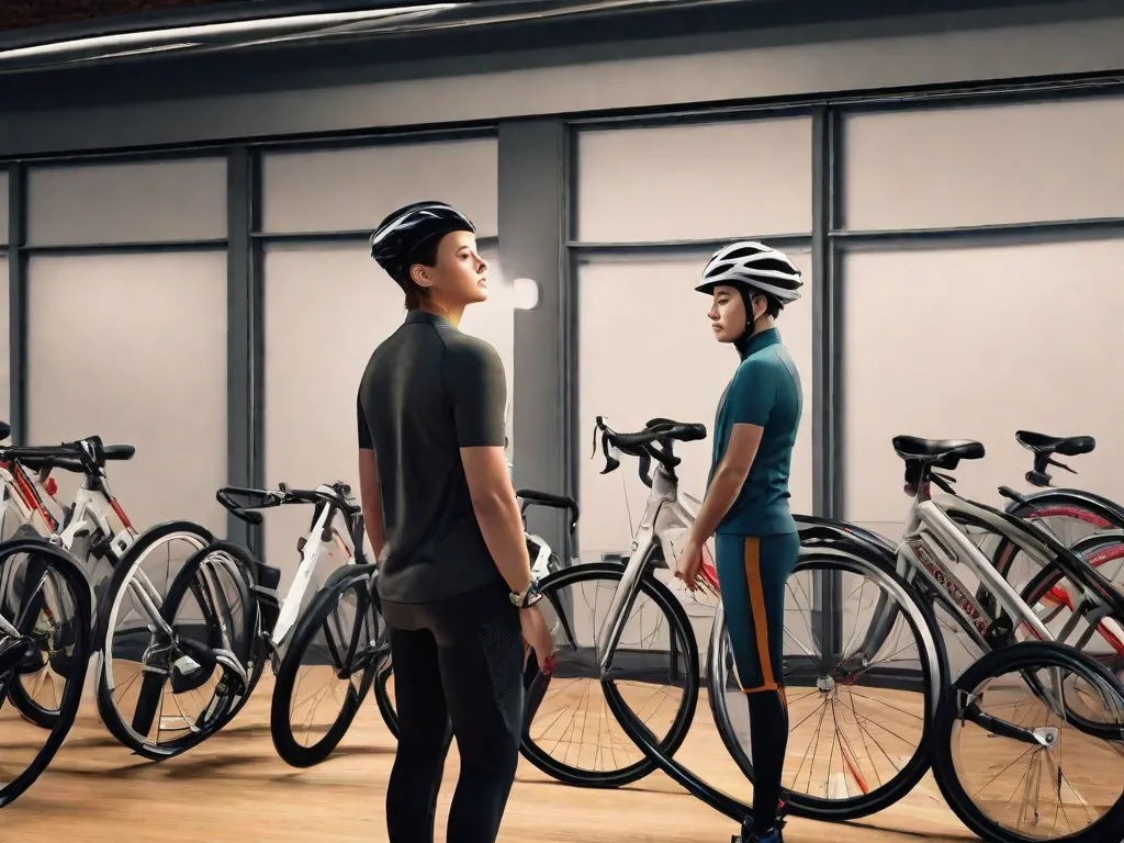 Descrição da imagem: Uma pessoa está ao lado de uma fileira de bicicletas, medindo cuidadosamente a altura de cada uma. Eles comparam as medidas com sua própria altura, garantindo que encontram o ajuste perfeito. A pessoa usa um capacete e tem uma expressão determinada, pronta para embarcar em sua jornada de ciclismo.