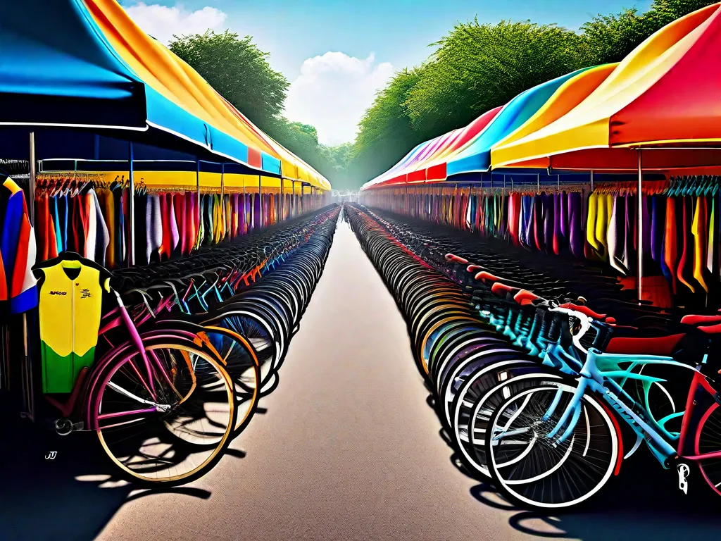 Descrição da imagem: Uma imagem vibrante que mostra um movimentado mercado de bicicletas, com fileiras de bicicletas coloridas alinhadas. A cena captura a empolgação de encontrar as melhores ofertas, com pessoas navegando e negociando preços. O cenário está cheio de diversos acessórios de bicicleta, criando uma atmosfera vibrante de entusiastas de bicicleta em busca da oferta per