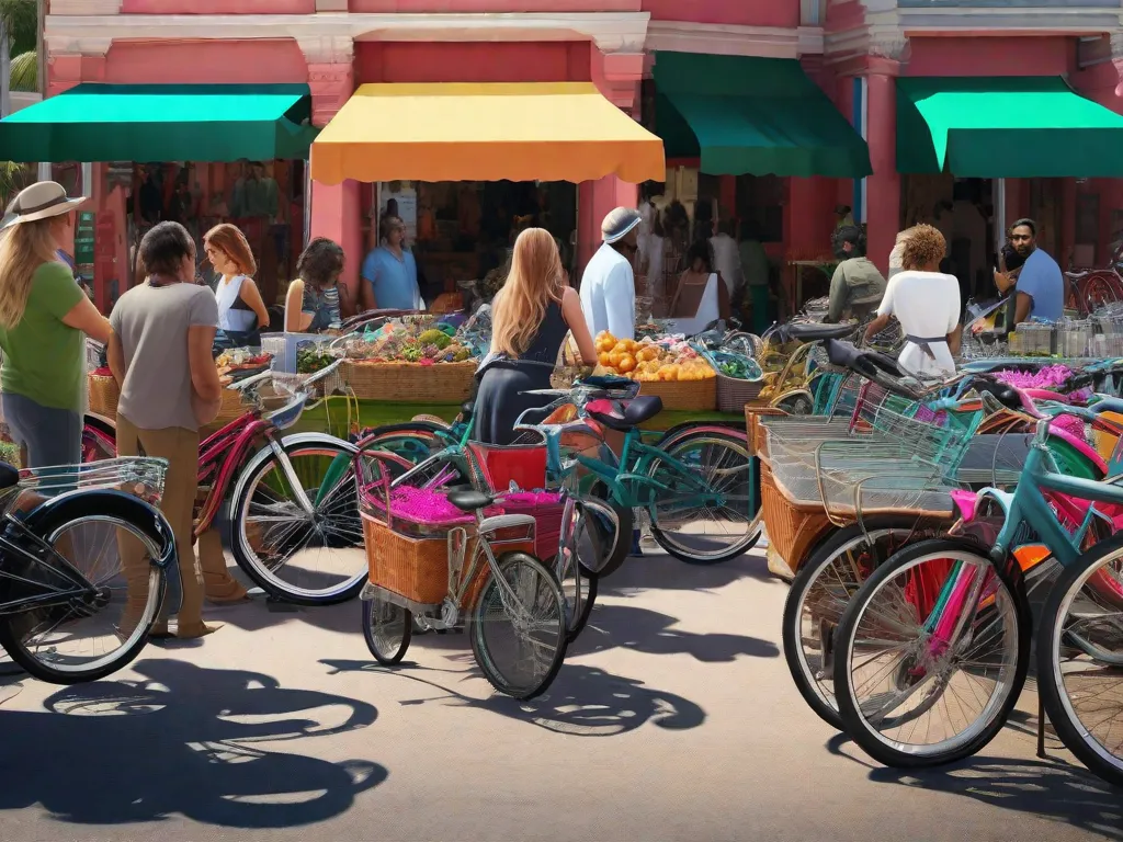 Descrição da imagem: Uma coleção vibrante e diversa de bicicletas exposta em um movimentado mercado ao ar livre. As bicicletas variam em estilo, cor e tamanho, mostrando a ampla gama de opções disponíveis para os compradores. Os clientes podem ser vistos navegando na seleção, comparando preços e discutindo suas preferências com vendedores entusiasmados.