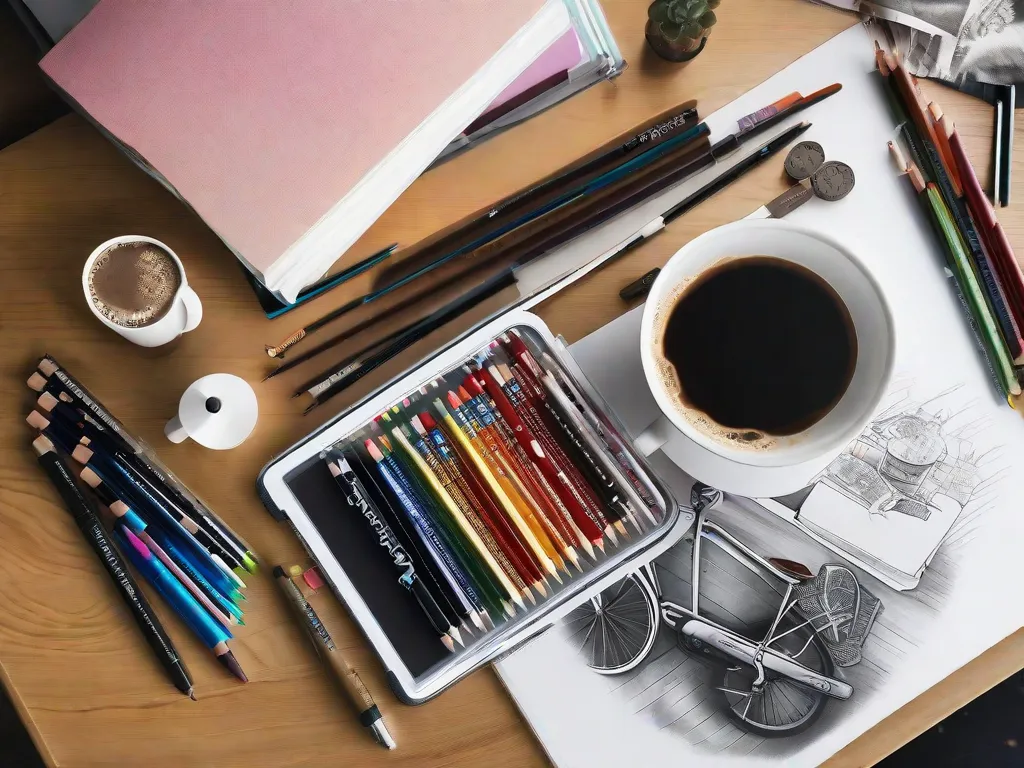 Uma imagem de uma mesa com uma variedade de materiais de arte organizados de forma arrumada. Lápis, canetas, marcadores e um caderno de desenho estão dispostos ao lado de uma foto de referência de uma bicicleta. Uma xícara de café está próxima, pronta para alimentar o processo criativo.