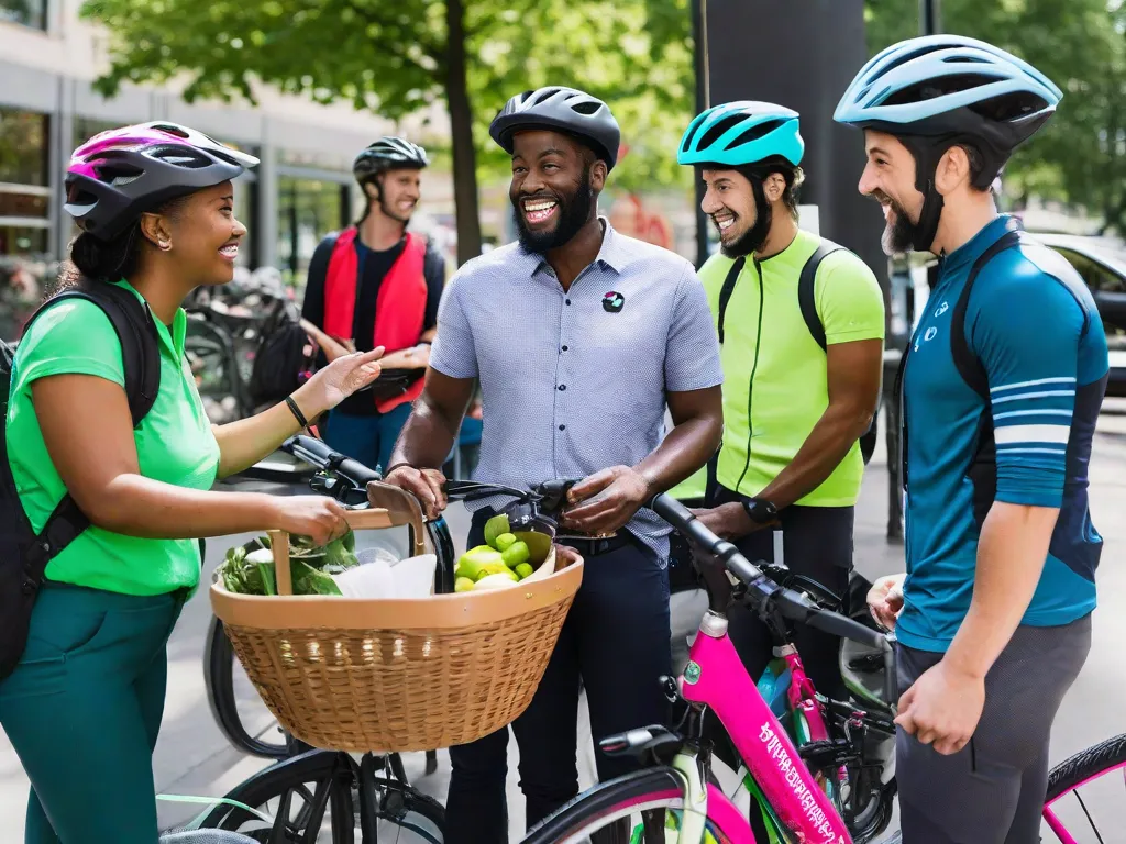 Descrição da imagem: Uma fotografia vibrante mostrando um grupo de indivíduos diversos, todos vestindo roupas de ciclismo e capacetes, reunidos ao redor de uma estação de compartilhamento de bicicletas colorida. Eles estão sorrindo e engajados em conversas, segurando mapas e discutindo rotas para seu projeto de mobilidade sustentável. As bicicletas, equipadas