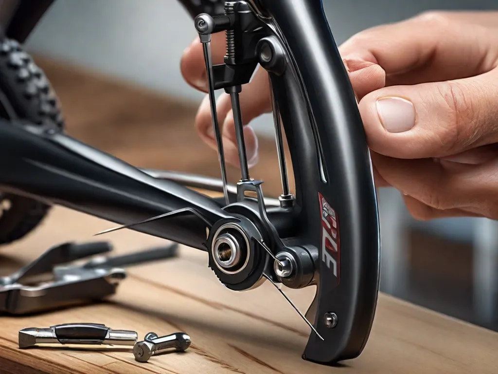 Descrição da imagem: Um close-up de um par de mãos montando uma bicicleta. As mãos cuidadosamente fixam o guidão no quadro, enquanto uma chave aperta os parafusos. As ferramentas e peças da bicicleta estão organizadas de forma arrumada em uma bancada de trabalho, mostrando o processo passo a passo de montagem de uma bicicleta.