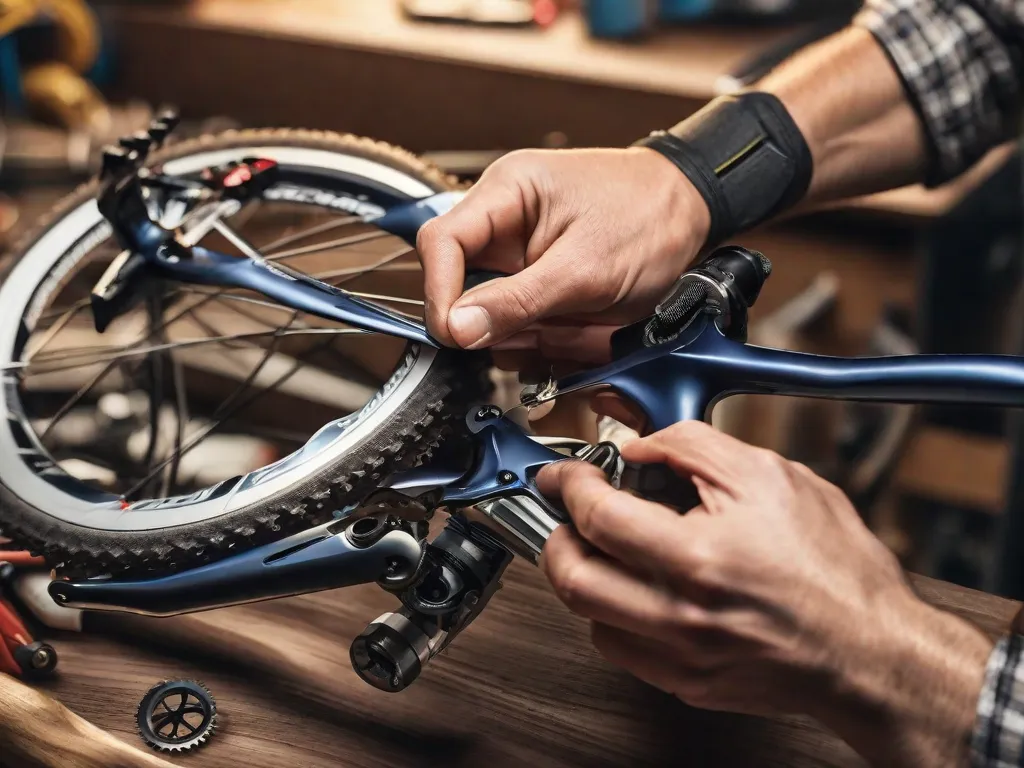 Uma imagem em close-up de um par de mãos montando uma bicicleta, com várias ferramentas e peças dispostas em uma bancada de trabalho. As mãos estão cuidadosamente fixando o guidão no quadro, mostrando o processo passo a passo de montagem de uma bicicleta.