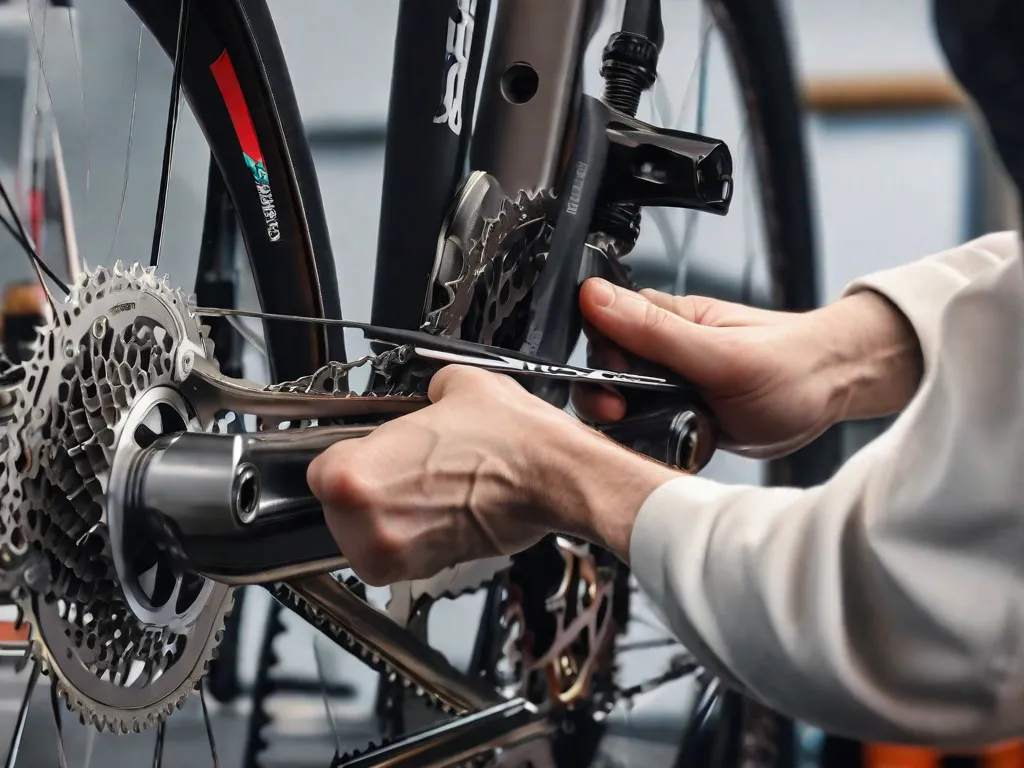 Uma imagem em close-up de um par de mãos montando cuidadosamente o quadro de uma bicicleta. As mãos estão segurando uma chave de boca e apertando os parafusos, mostrando a precisão e atenção aos detalhes necessários na construção de uma bicicleta. O fundo apresenta várias peças de bicicleta e ferramentas, enfatizando o processo de construção de uma bicicleta