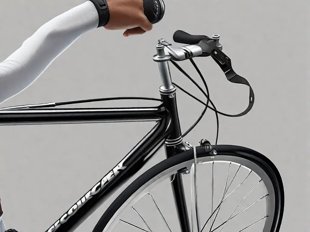 Uma imagem em close-up de um par de mãos habilmente alinhando os freios e guidão de uma bicicleta elegante. Os dedos ajustam delicadamente os cabos dos freios, enquanto a outra mão aperta suavemente os parafusos do guidão, mostrando a precisão artesanal envolvida na montagem de uma bicicleta.