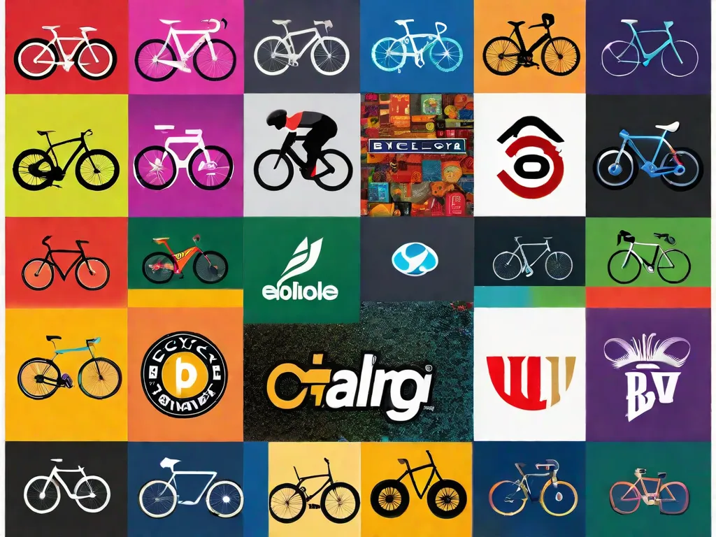 Descrição da imagem: Uma colagem vibrante mostrando os logotipos de renomadas marcas de bicicleta. O logotipo de cada marca está disposto de forma criativa, formando um mosaico cativante de cores e designs. A imagem representa o guia abrangente sobre as principais marcas de bicicleta, oferecendo aos leitores um vislumbre visual do diversificado mundo do ciclismo.