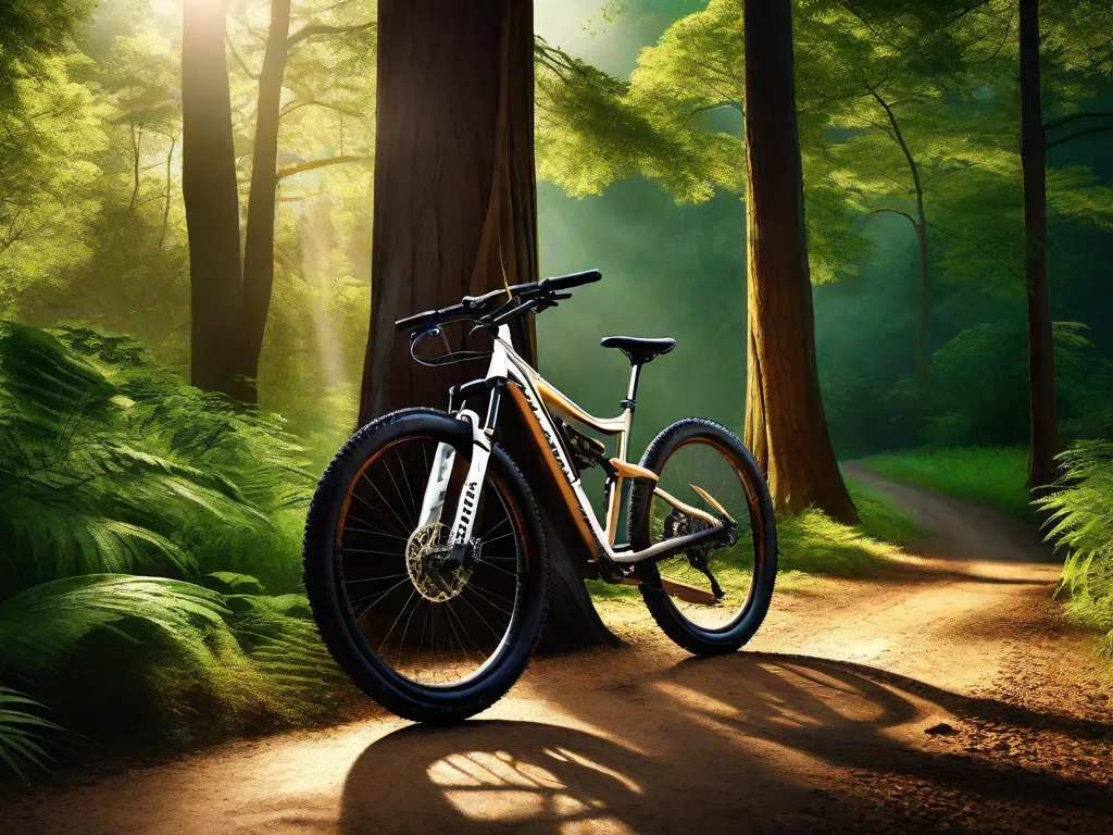 Uma imagem deslumbrante de uma bicicleta de montanha estacionada em frente a um cenário de vegetação exuberante e árvores imponentes. O sol lança um brilho dourado na trilha à frente, convidando os ciclistas a embarcarem em uma aventura pela beleza intocada da natureza. A serenidade da cena promete uma jornada emocionante por tril