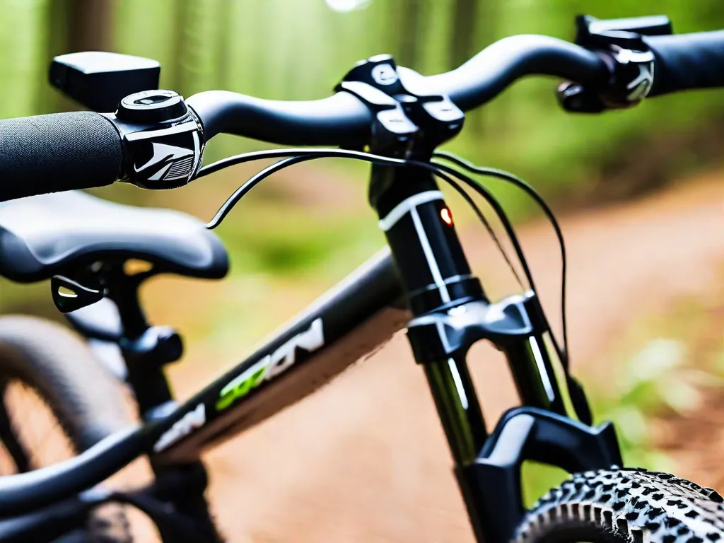 Uma imagem de close-up do guidão elevado de uma mountain bike contra um fundo desfocado de floresta ao ar livre, destacando as posições ergonômicas de pegada e a leve curvatura para cima que oferece versatilidade e conforto durante passeios agressivos em trilhas.