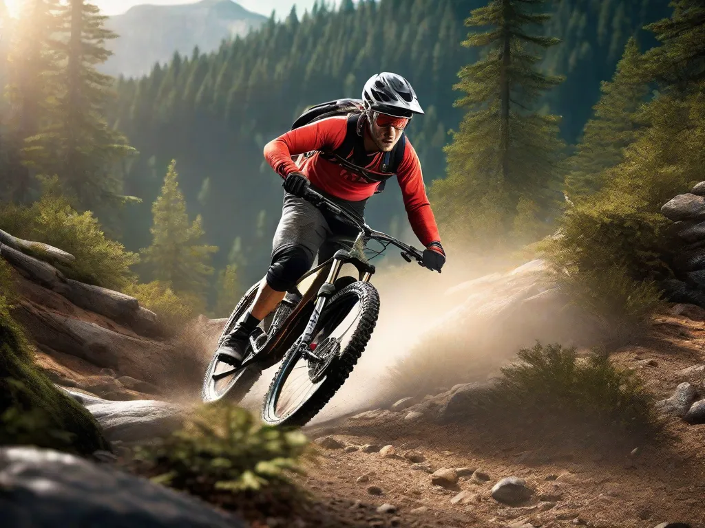 Um ciclista de montanha conquista terrenos acidentados, com a terra voando sob os pneus. A bicicleta está inclinada acentuadamente para navegar por um caminho rochoso cercado por uma floresta densa. O foco e a determinação do ciclista são evidentes em meio ao percurso natural de obstáculos.