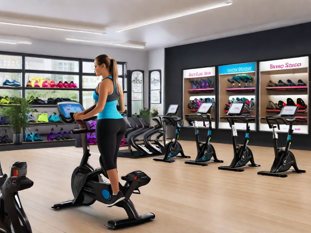 Descrição da imagem: Uma mulher vestindo roupas de academia está em pé na frente de uma fileira de diferentes bicicletas estacionárias em uma loja de fitness. Ela está examinando cuidadosamente as características e especificações de cada bicicleta, tentando tomar uma decisão informada sobre qual escolher. As bicicletas estão expostas com etiquetas claras indicando seus diferentes modelos e preços.