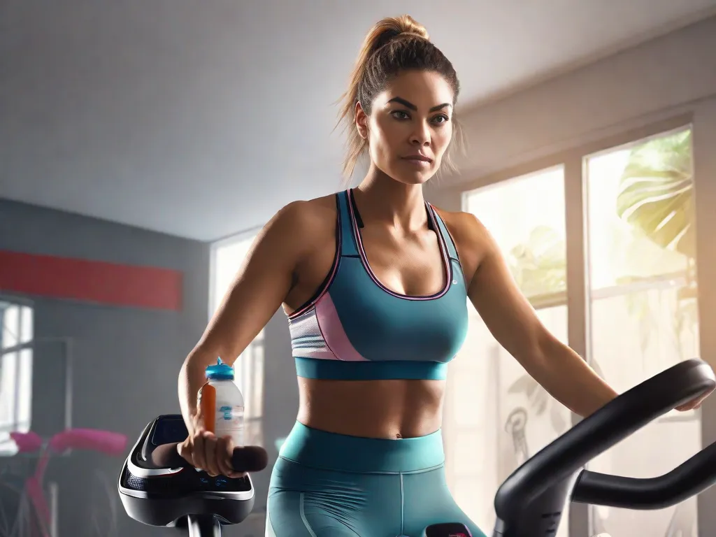 Descrição da imagem: Uma mulher vestindo roupas atléticas está pedalando uma bicicleta estacionária em uma sala bem iluminada. Ela tem uma expressão concentrada no rosto e suas mãos estão segurando o guidão. A sala é decorada com pôsteres motivacionais e há uma garrafa de água e uma toalha por perto.