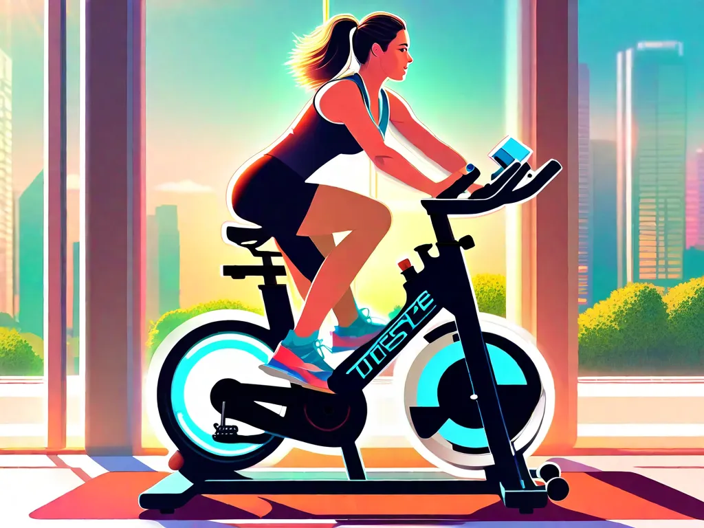 Descrição: Uma mulher usando roupas de treino está sentada em uma bicicleta estacionária moderna e elegante em uma academia bem iluminada. Ela está pedalando vigorosamente, seus músculos estão tonificados e o suor está brilhando em sua testa. A tela digital na bicicleta mostra a distância que ela percorreu e as calorias que ela queimou, destacando a eficácia do