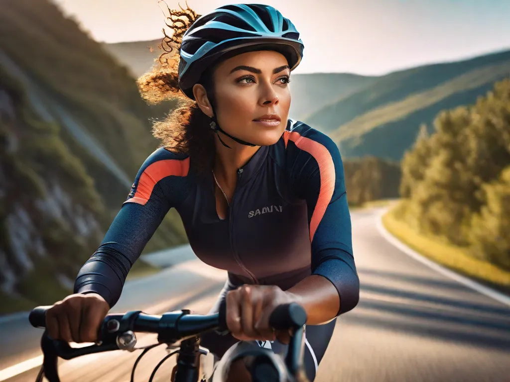 Descrição da imagem: Um close-up de uma mulher andando de bicicleta em uma estrada cênica. Ela está vestindo roupas de ginástica e tem uma expressão determinada no rosto. A luz do sol destaca a bela paisagem ao fundo, criando uma sensação de liberdade e serenidade.