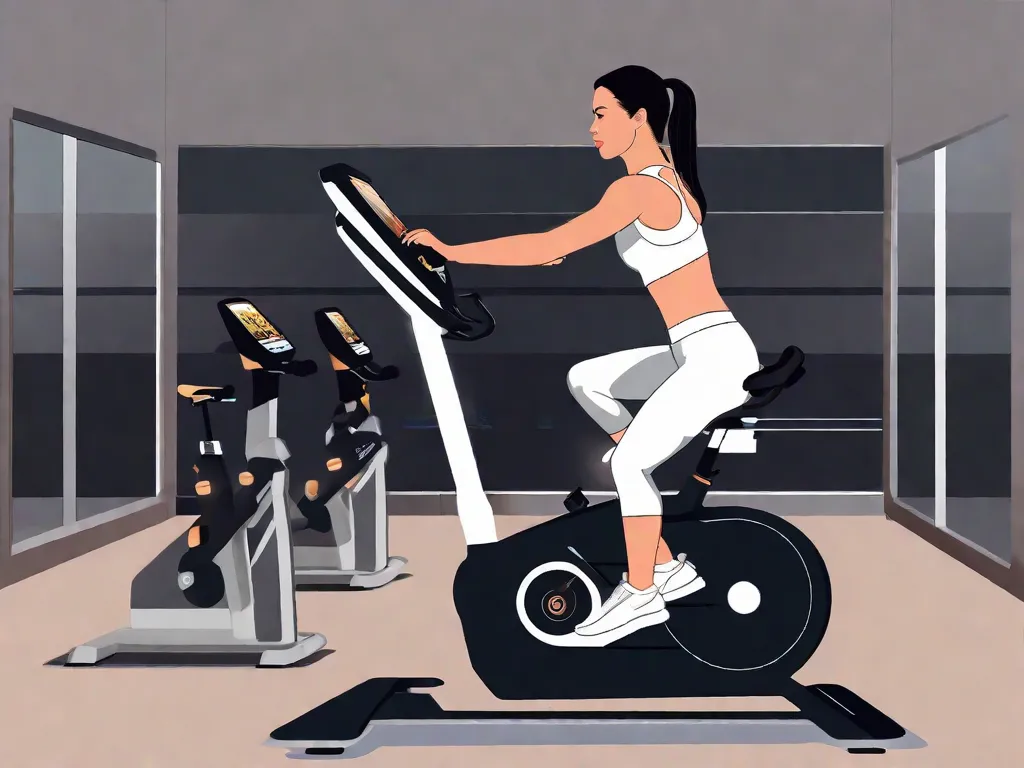 Descrição: Uma mulher vestindo roupas de treino está sentada em uma bicicleta ergométrica em uma academia bem iluminada. Ela está pedalando vigorosamente, com determinação no rosto. O display digital na bicicleta mostra as calorias queimadas e a distância percorrida, destacando a eficiência do exercício.