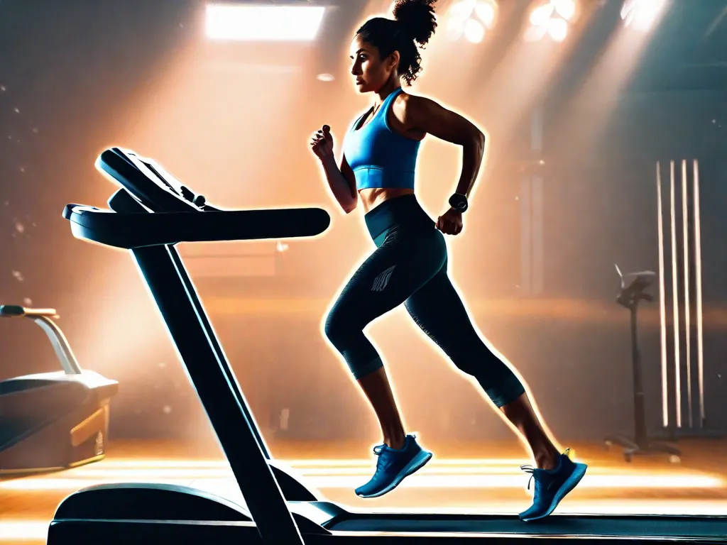 Descrição da imagem: Uma mulher vestindo roupas de treino está em uma esteira, correndo em um ritmo acelerado. Ela está focada e determinada, com suor brilhando na testa. A intensidade do seu treino é evidente, pois ela busca perder gordura abdominal e alcançar seus objetivos de condicionamento físico.