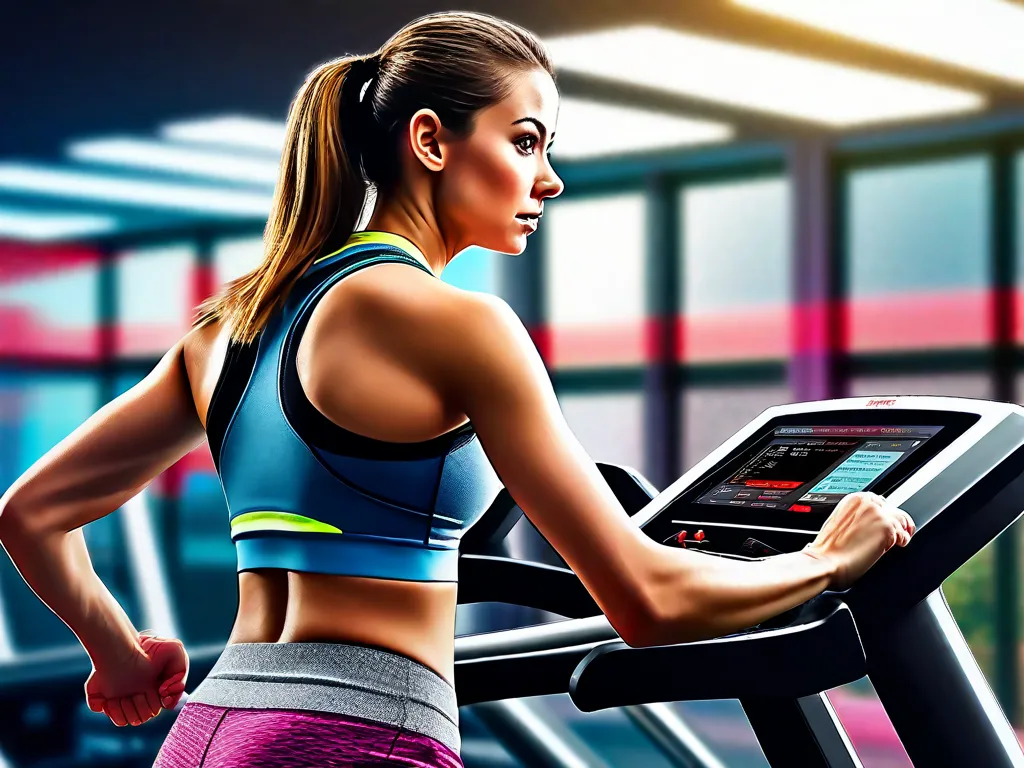 Descrição da imagem: Uma mulher vestindo roupas de treino está correndo em uma esteira em uma academia. Ela está focada e determinada, com suor brilhando em sua testa. A tela vibrante da esteira mostra seu progresso, refletindo sua dedicação à forma física e os inúmeros benefícios de usar uma esteira para o exercício.
